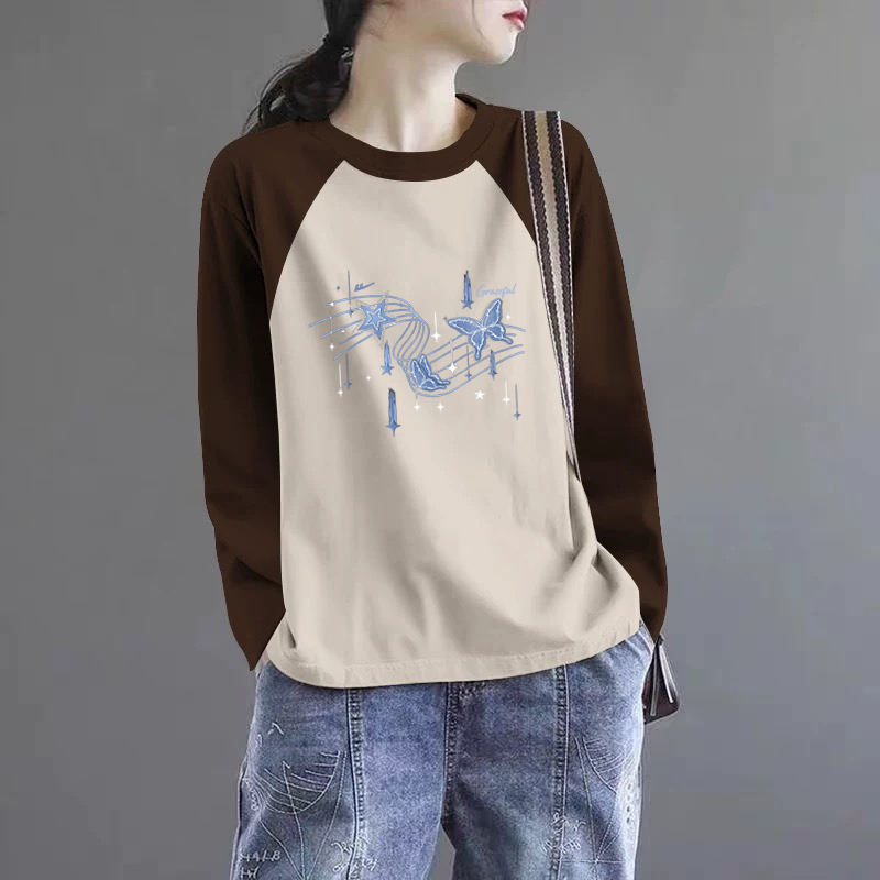 纯棉长袖圆领t恤上衣女春秋