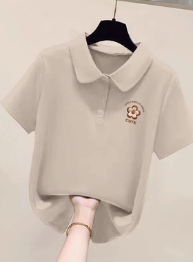 大牌出口清仓纯棉翻领polo衫上衣女夏季新款文艺大码气质显瘦t恤