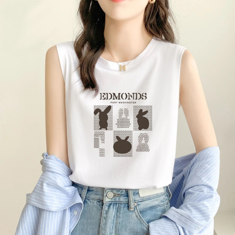外贸出口专柜清仓100%纯棉无袖背心T恤女夏季休闲减龄印花上衣潮
