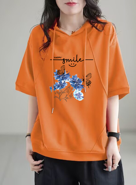 欧货纯棉短袖T恤女2025夏季新款大码胖MM宽松休闲连帽体恤上衣潮