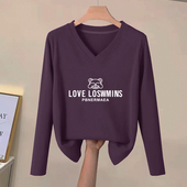 女装 纯棉V领大码 显瘦印花上衣减龄时尚 品牌折扣正品 复古百搭t恤衫