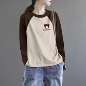 外贸清仓出口100%纯棉撞色圆领长袖 t恤女士减龄大码 拼色文艺上衣