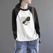 女装 纯棉圆领大码 显瘦印花上衣时尚 外贸折扣正品 复古百搭长袖 t恤