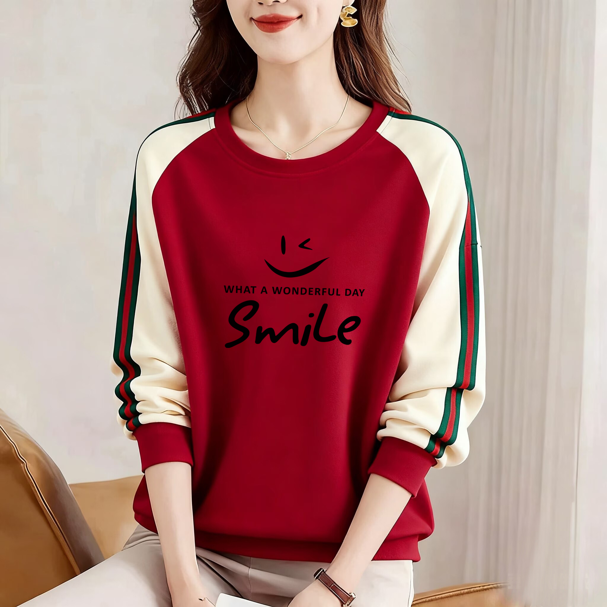 高品质纯棉撞色长袖卫衣女