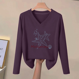 减龄文艺百搭T恤打底衫 外贸出口纯棉100%V领休闲大码 上衣春秋时尚