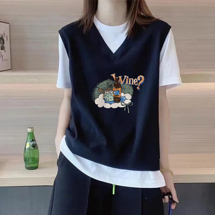 气质减龄假两件上衣潮 印花T恤女士夏季 大牌出口捡漏时尚 纯棉短袖