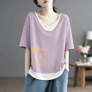 外贸清仓捡漏纯棉U领撞色宽松T恤上衣女士夏季 韩版 显瘦打底衫 新款