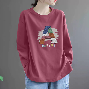 休闲百搭上衣 新款 外贸出口专柜清仓100%纯棉印花长袖 t恤女春秋季