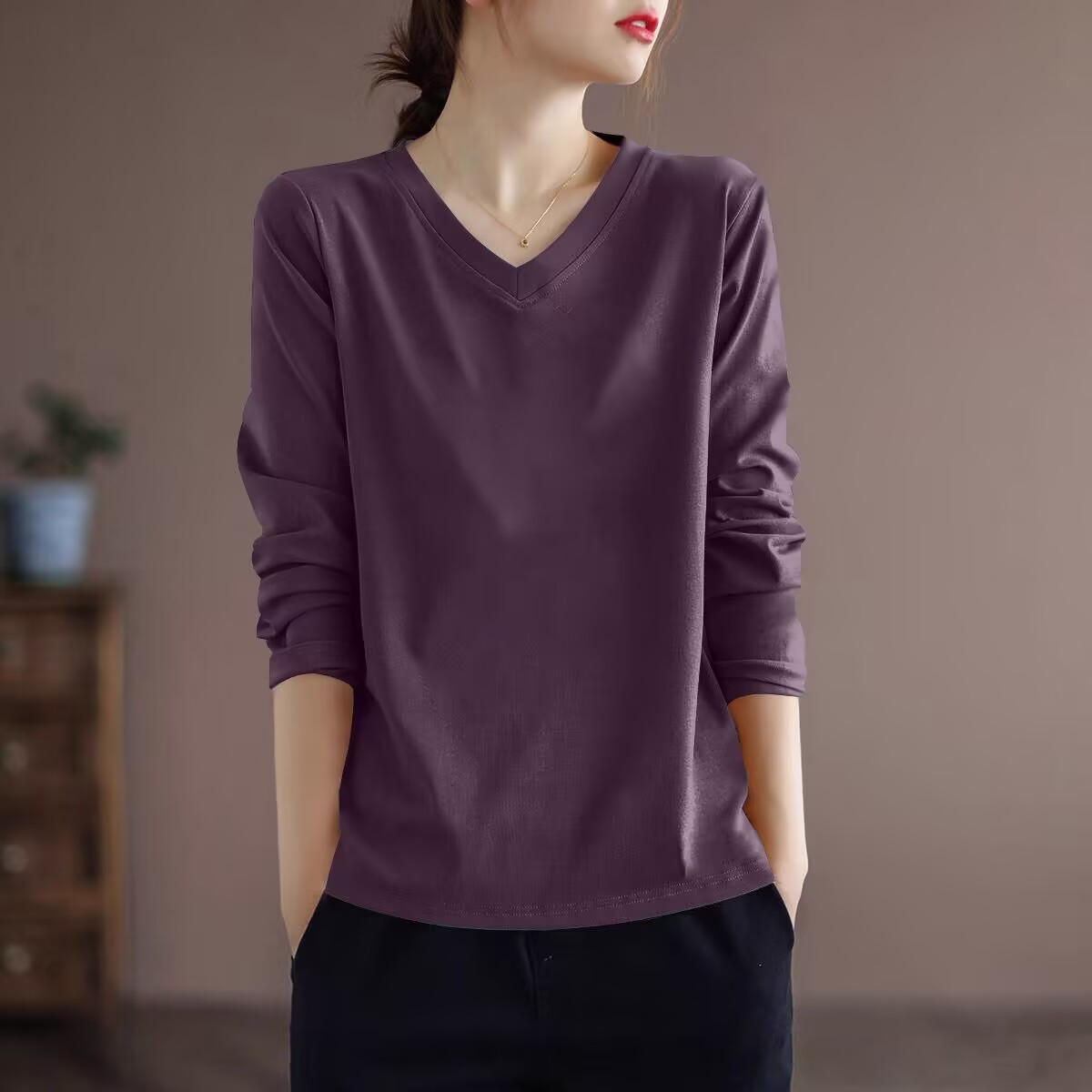 纯棉V领长袖休闲宽松百搭上衣