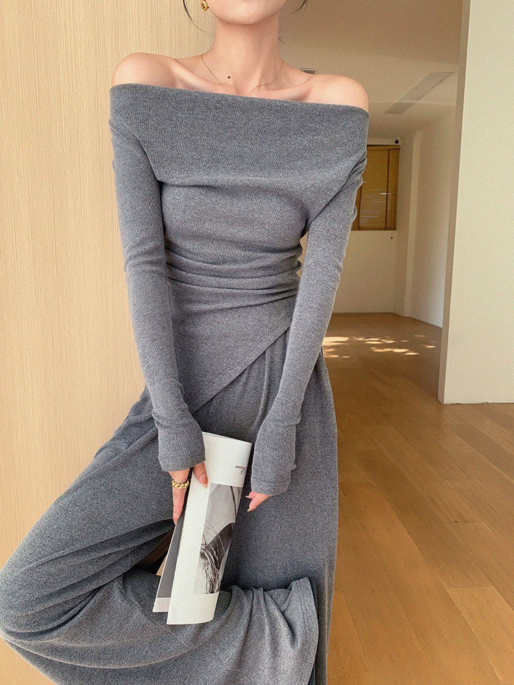 여성용 JWUNIQUE 그레이 투피스 슈트 2024 가을 겨울 원 숄더 불규칙 탑 하이 웨이스트 와이드 레그 팬츠 바지