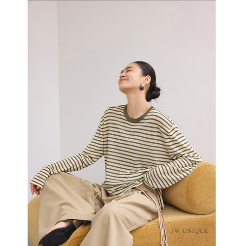 JWUNIQUE酒窝 慵懒氛围感 条纹针织毛衫女宽松显瘦春季上衣