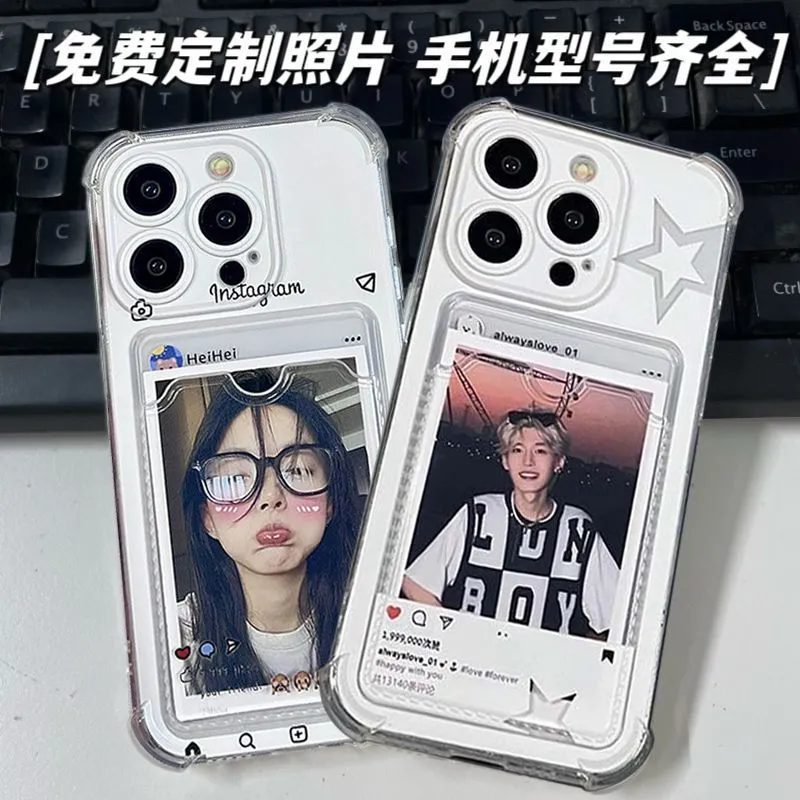 镂空星星ins适用苹果16promax手机壳可放情侣照片身份证小卡插卡iPhone14放卡片13pro拍立得x/xs/xr卡套diy