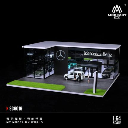 双层奔驰4S店展厅场景模型1:64收纳合金汽车模型人偶手办灯光摆件