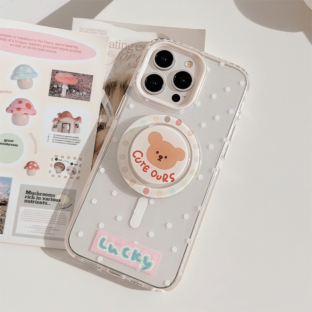 iphone13手机壳ins韩风可爱简约透明磁吸支架高级感情侣创意个性秋冬男女款波点小熊新款苹果16promax保护套