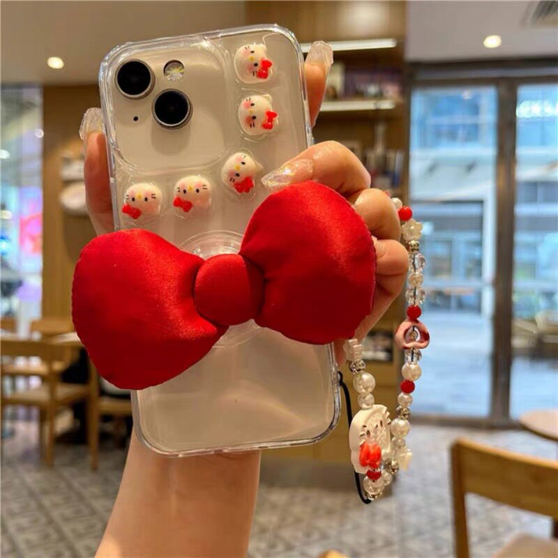 ins蝴蝶结猫咪支架iPhone15promax手机壳滴胶立体小众创意透明苹果16新款夏天ins风卡通可爱14Pro少女保护套
