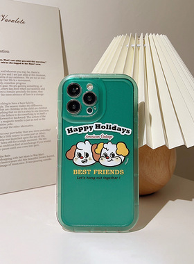 iphone14promax手机壳ins风艺术生男女款苹果13透明绿色美式小狗情侣潮牌防摔超萌可爱卡通小众12promax软壳