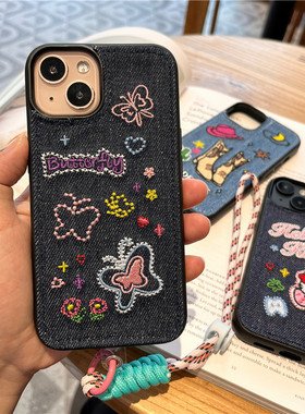 苹果14promax手机壳女款黑色爱心牛仔布刺绣潮牌欧美ins风蝴蝶结猫咪艺术生创意个性小清新iphone13保护套