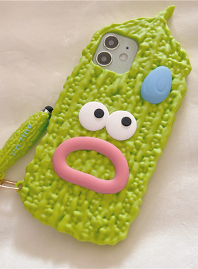 iphone14promax手机壳绿色苦瓜ins立体卡通丑萌搞怪可爱硅胶airpods耳机套创意个性夏天潮牌女款苹果13保护套