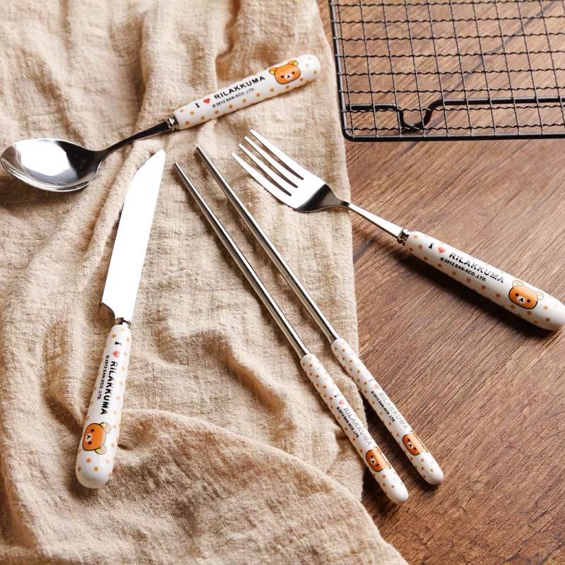 轻松熊 Rilakkuma日式陶瓷手柄刀叉勺筷子四件套装卡通不锈钢餐具