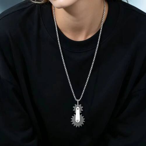 Punk Double Gear Pendant Necklace for Men, Stainless Steel S