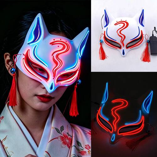 Japanese Style Kitsune Fox Mask LED Light Up Half Face Glowi