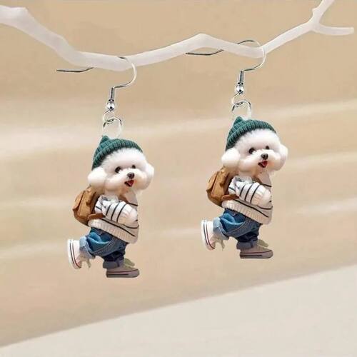 2D Flat White Puppy Dog Acrylic Pendant Earrings Fashion Ani