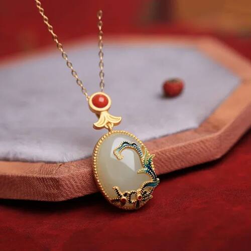 Natural Hotan Jade Oval necklace Classic Inlaid Enamel flore