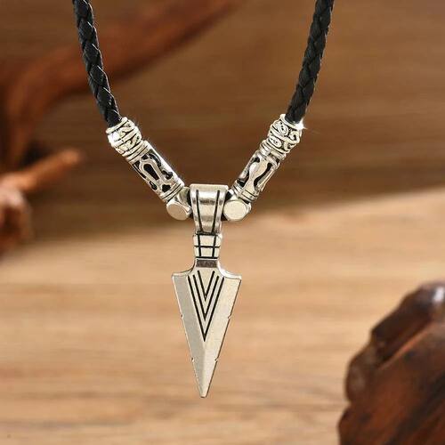 Men's Viking Arrowhead Pendant Necklace Braided Leather Rope