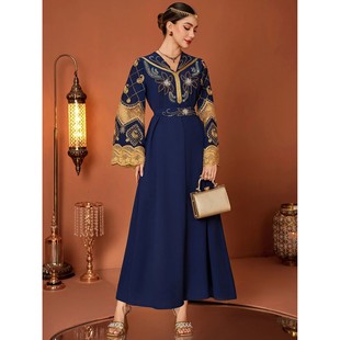 Dress Women Embroidery Diamond V Neck Long Dresses Vestidos