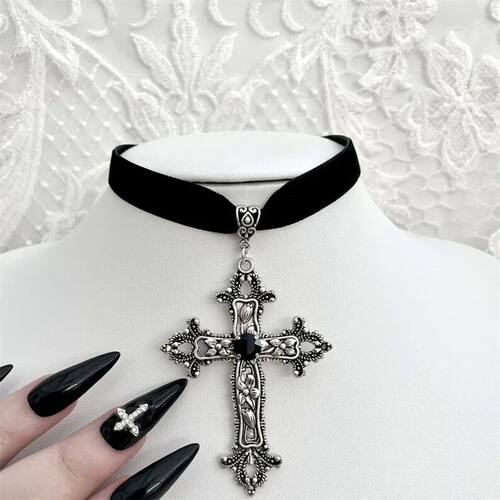Goth Limited Black Velvet Cross Bead Choker Necklace Jewelry
