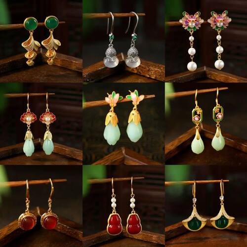 Ethnic Chinese Gold Color Jade Earrings for Women Tradition