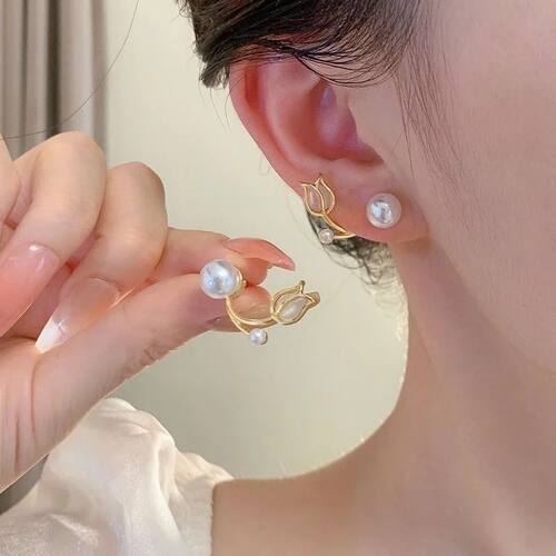Two Ways To Wear Tulip Flower Pearl Earrings for Woman Korea