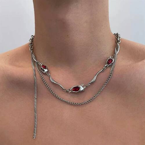 Black Red Zircon Pendant Necklace for Men Punk Silver Color