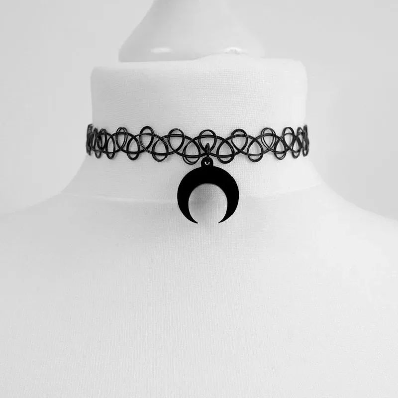 Goth Tattoo Inverted Crescent Stretchy Choker Witch Necklace