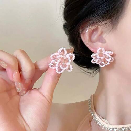Exquisite Pink Crystal Pearl Flower Earrings for Women Fashi