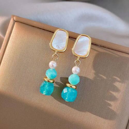 14k Blue Stone Pearl Dangle Earrings Light Luxury  French Re