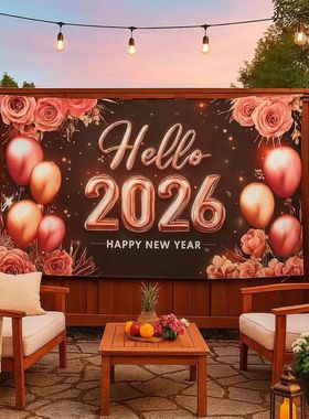 Black Gold 2026 New Year Banner Firework Balloons Glitter Pi