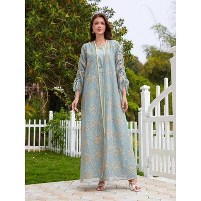 Women Dress  2 Piece Set Lace-up Caftan  Jalabiya Dubai Long