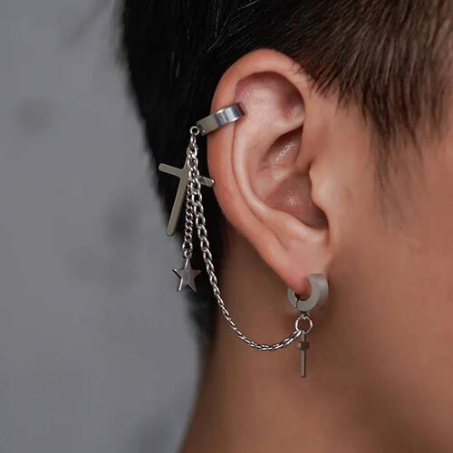 1Pcs New In Hip-Hop Titanium Steel Cross Star Earrings No Pi