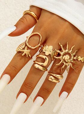 8Pcs/Se Vinage Meal Flower Shell Sun Rings for Women Punk Ge