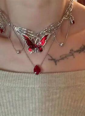Gohic Red Crysal Buerfly Pendan Sliver Ghos Claw Shor Choker