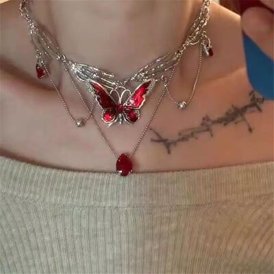 Gohic Red Crysal Buerfly Pendan Sliver Ghos Claw Shor Choker