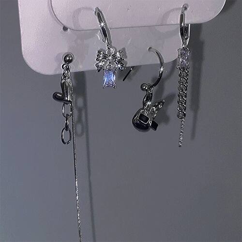 4Pcs/Set Silver Color Metal Tassel Chain Heart Bow Rabbit Ea