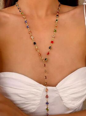 Vinage Colorful Rhinesone Long Tassel Necklace for Women Cha