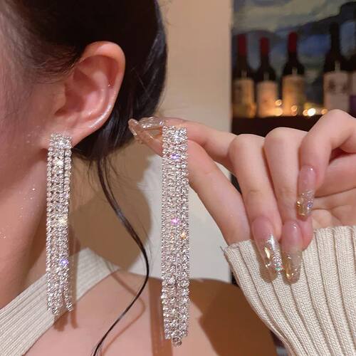 Exquisit Inlay Zircon Long Tassel Earrings for Women Korean