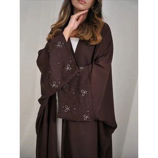 Women Cardigan Open Dress Beading Bow Party Caftan Jalabiy