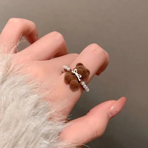 Cute Sweet Brown Plush Little Bear Rings for Women Girls Fas