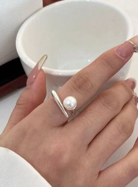 Minimalist imitation Pearl Open Ring for Women Silver Tone A