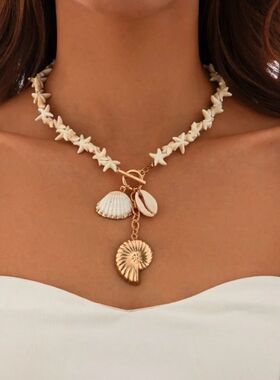 Beach Syle Beaded Shell Sarfish Pendan Necklace Women's Srin