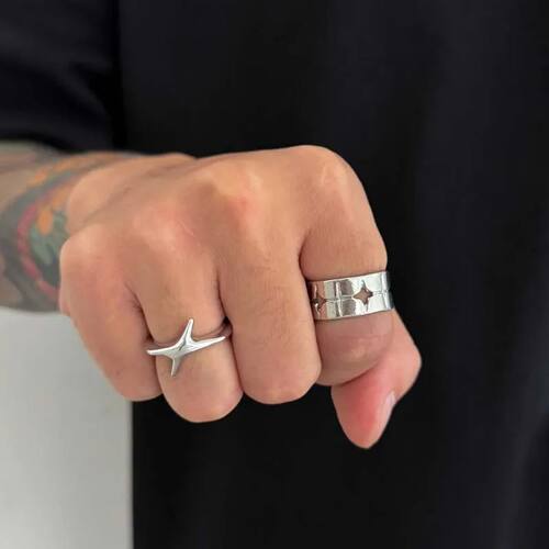 Punk Silver Color Four Star Open Ring for Women Men Fashion